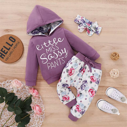 Autumn Baby Girl Outfit Letter Print Long Sleeve Hoodie Tops Sweatsuit Pants with Bowknot Headband Winter Outfit Set