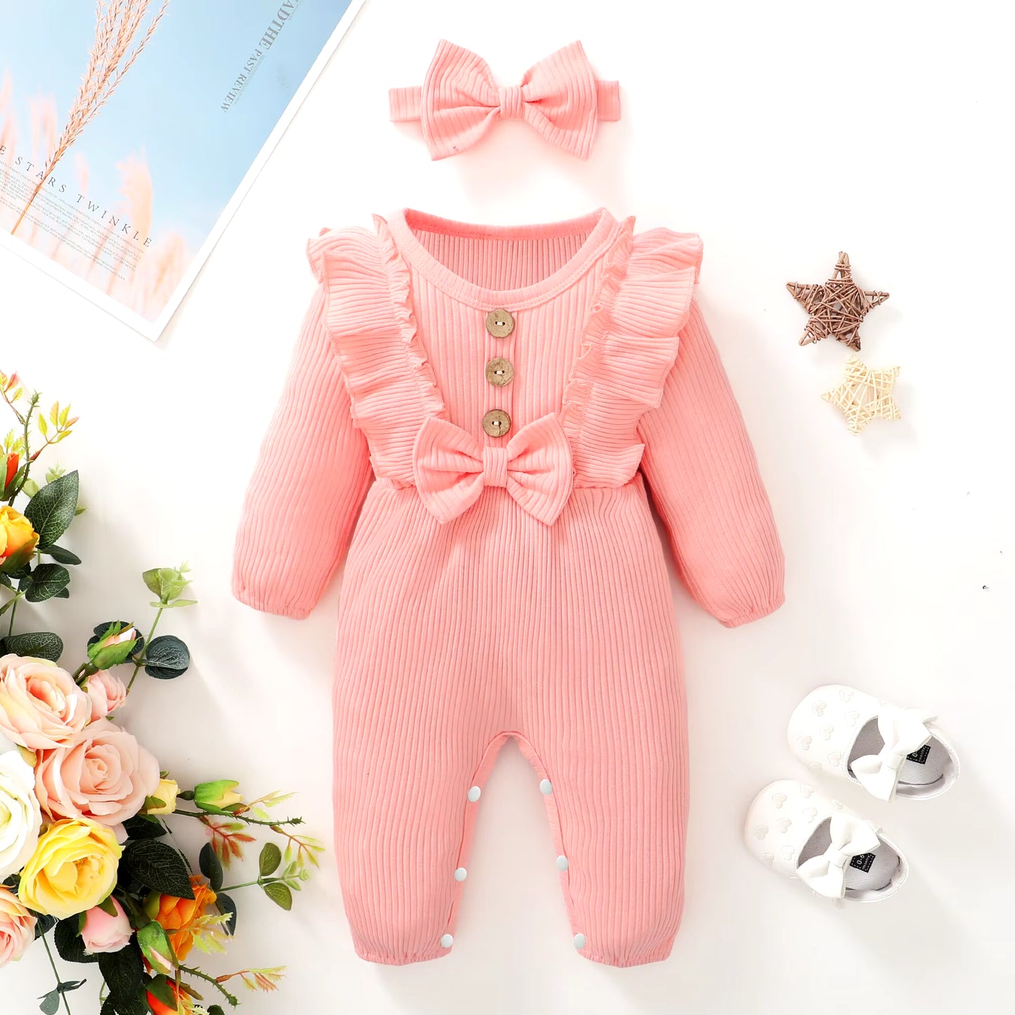 Newborn Baby Girl Romper Long Sleeved Ruffle Bodysuit with Headband Autumn & Winter Onesie Outfit Clothing for Baby 0-18 Months