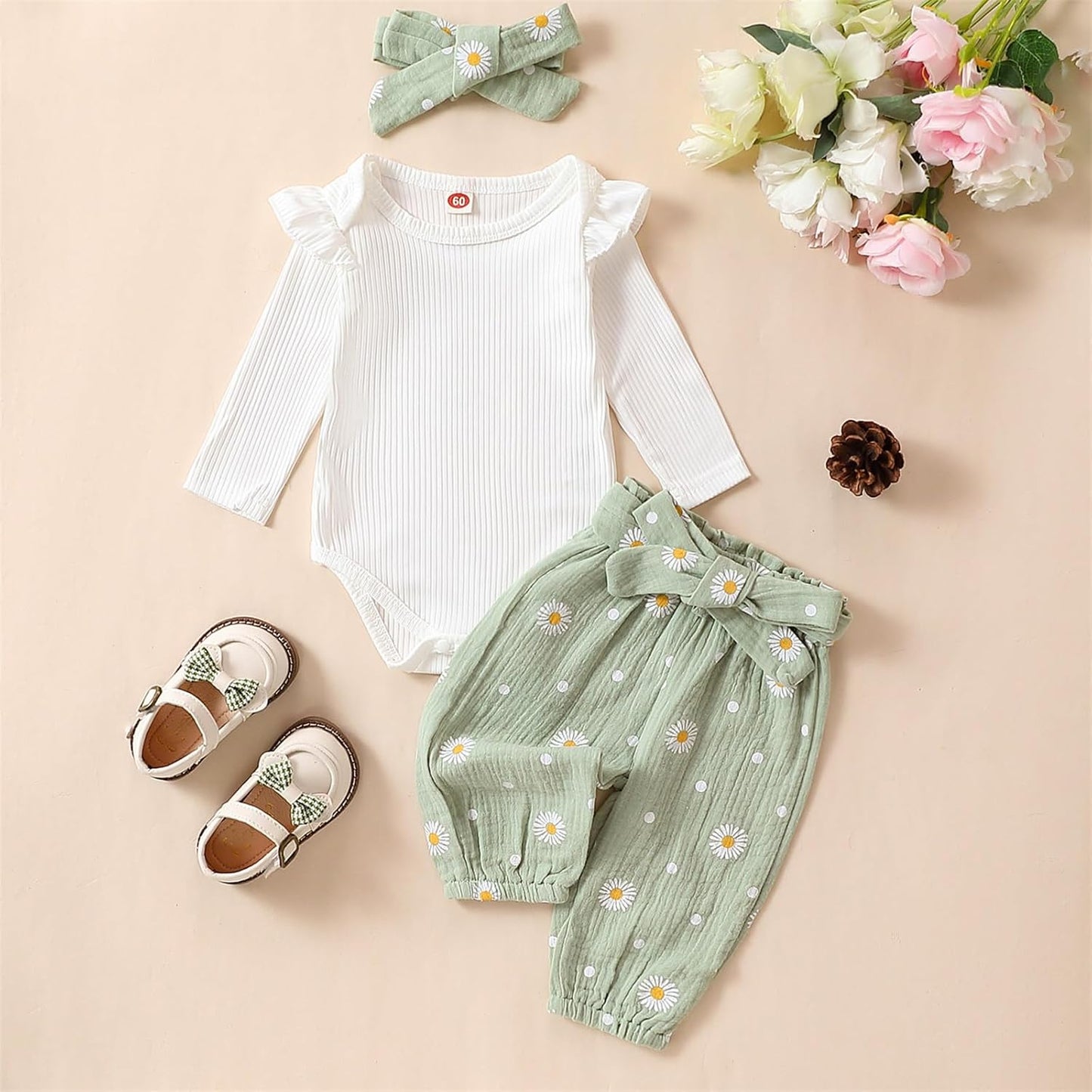 Newborn Infant Girl Clothes Rib Knit Romper Daisy Print Pants Headband Baby Clothes for Girls 0 3 6 12 18 24 Months