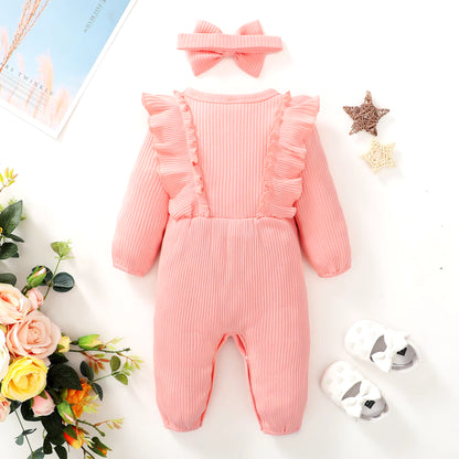 Newborn Baby Girl Romper Long Sleeved Ruffle Bodysuit with Headband Autumn & Winter Onesie Outfit Clothing for Baby 0-18 Months