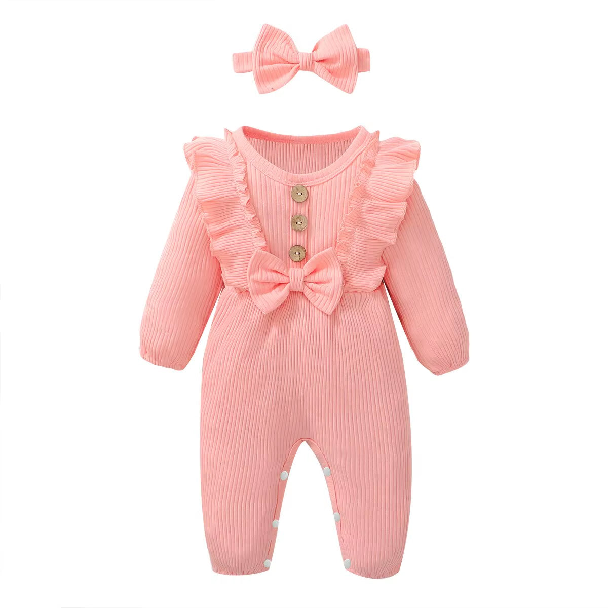 Newborn Baby Girl Romper Long Sleeved Ruffle Bodysuit with Headband Autumn & Winter Onesie Outfit Clothing for Baby 0-18 Months