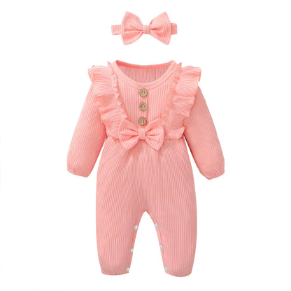 Newborn Baby Girl Romper Long Sleeved Ruffle Bodysuit with Headband Autumn & Winter Onesie Outfit Clothing for Baby 0-18 Months