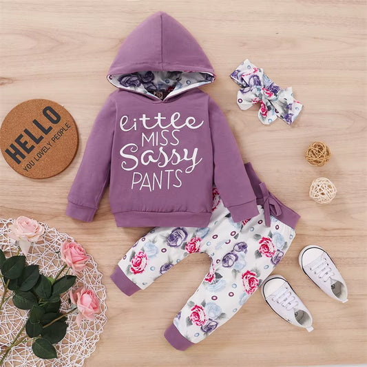 Autumn Baby Girl Outfit Letter Print Long Sleeve Hoodie Tops Sweatsuit Pants with Bowknot Headband Winter Outfit Set