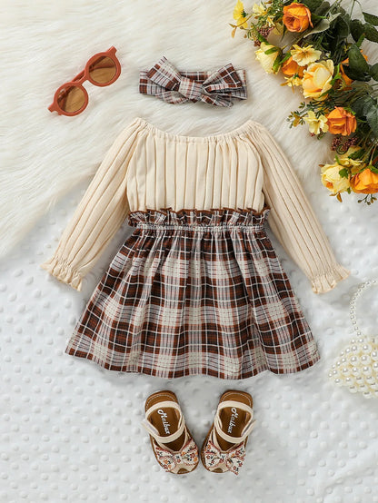 2024 New Baby Girls Autumn Long Sleeve with Bow Plaid Fahion Cute Dress