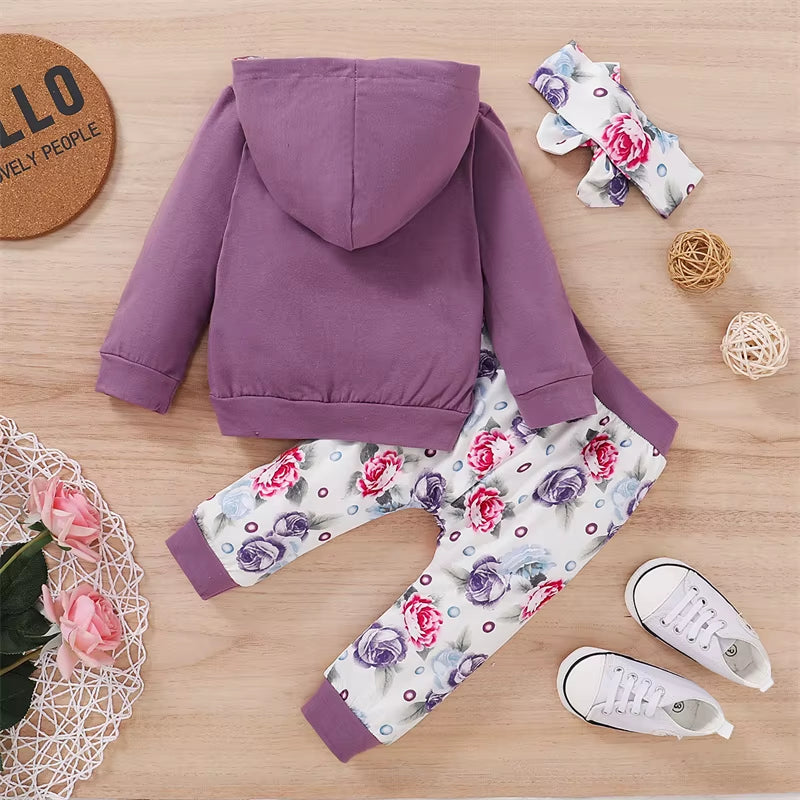 Autumn Baby Girl Outfit Letter Print Long Sleeve Hoodie Tops Sweatsuit Pants with Bowknot Headband Winter Outfit Set