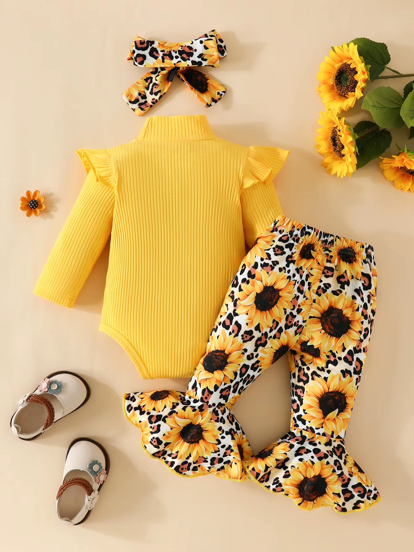 Baby Girls 3Pcs Cute Long Sleeve Flying Sleeve Romper + Sunflowerprint Flared Trousers + Headband Set