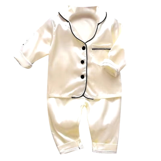 Korean Version of Childrens Pajamas Set Silk Satin Long Sleeve Top+Trousers Two -Piece Male Baby Girl Cartoon Solid Color Set