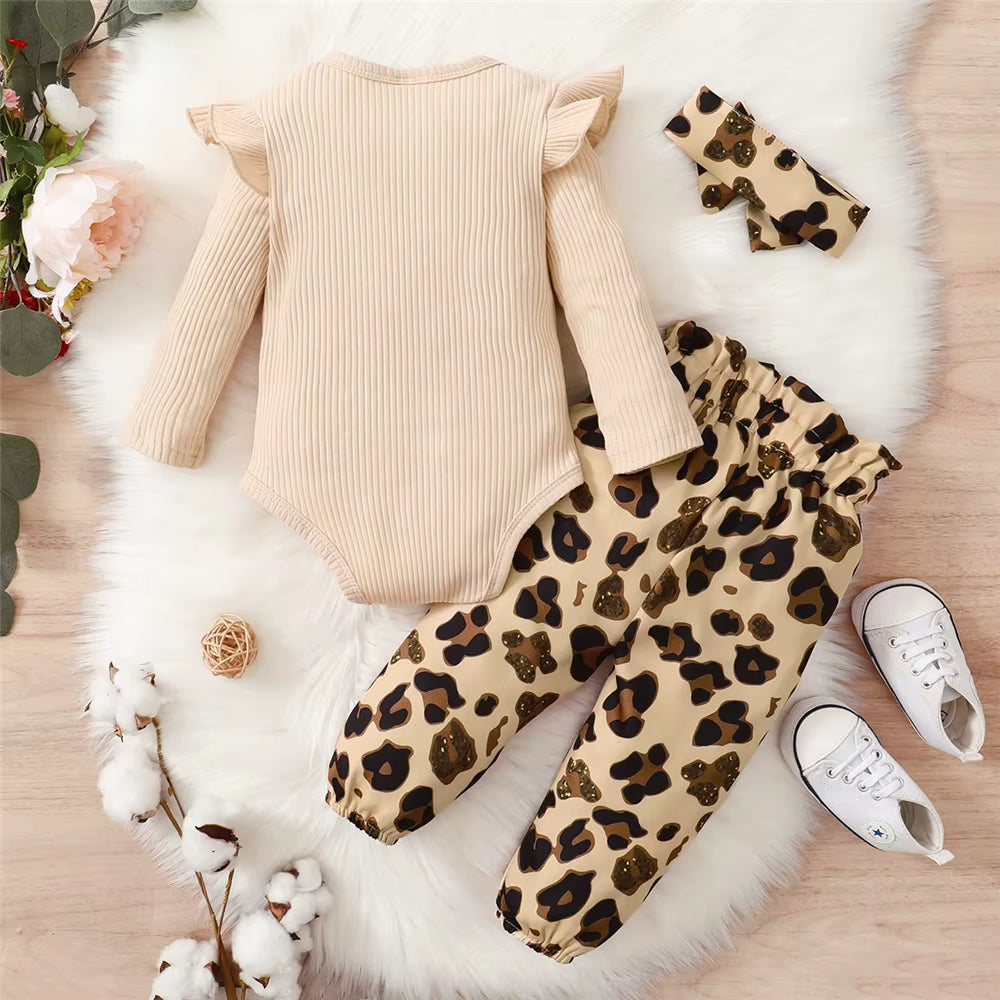 0-18 Months Newborn Baby Girl Clothes Set Long Sleeve Bodysuit+Leopard Pants+Headband 3PCS Fashion Autumn Outfits Toddler Girl