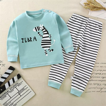 Cartoon Print Pajama Suit Tops+Pants 2-Piece Set Underwear Kids Boys Girls Baby Cotton Sleepwear Spring Autumn Clothes 1-6 Year