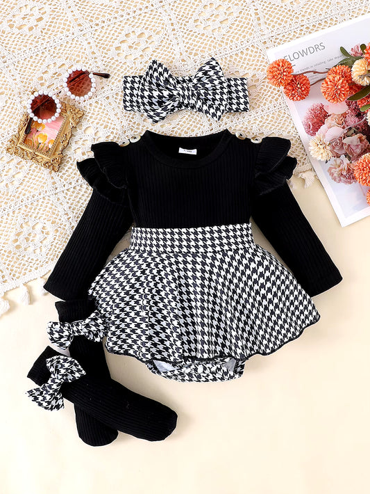 2PCS in Autumn, Baby Girls Aged 0-1 Years Old Have Comfortable Sweet and Cute Black Top + Houndstooth Skirt + Hair Band